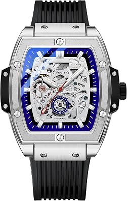 Mens Fashion Tonneau Square Automatic Mechanical Skeleton Hollow Big Face Transparent Dial Black Silicone Band Waterproof Luminous Watch