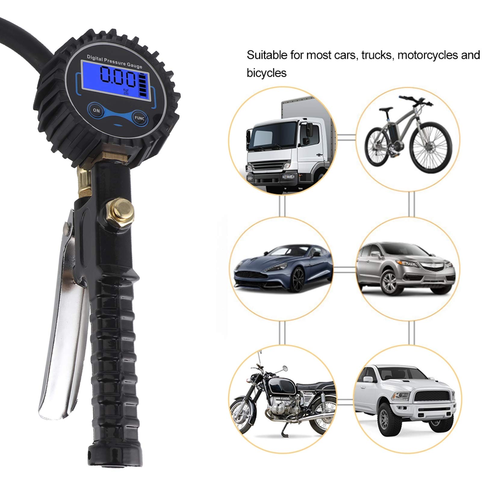 Manometro Digitale per Pneumatici, Preciso Manometro Digitale Auto Camion Moto Bicicletta con Valvola di Sfiato, 200 PSI, 4 Unità di Misura, Acciaio Inossidabile e Ottone for Veicoli e Biciclette