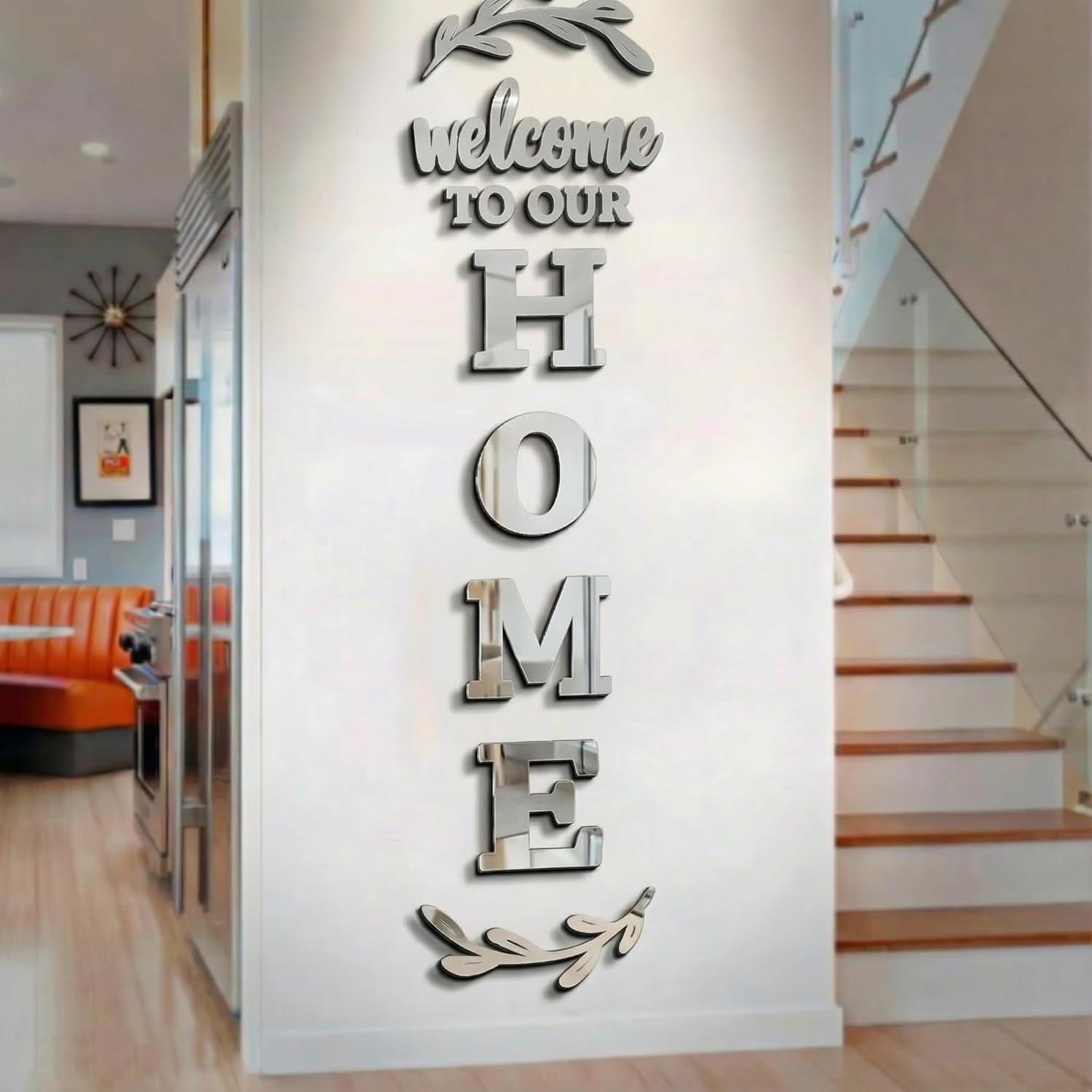 3D Acrylic Mirror Wall Decor Home Sign for Living Room Entryway, Large Self-Adhesive Wall Letters Stickers, Modern DIY Art Mural for Above Door Decoration (Silver, 55 ×18 inch)