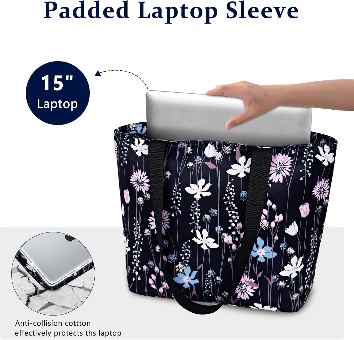 Large Tote Bag for Women with Zipper and 15" Laptop Pocket Water Resistant Padded Shoulder Purse for Travel & Work