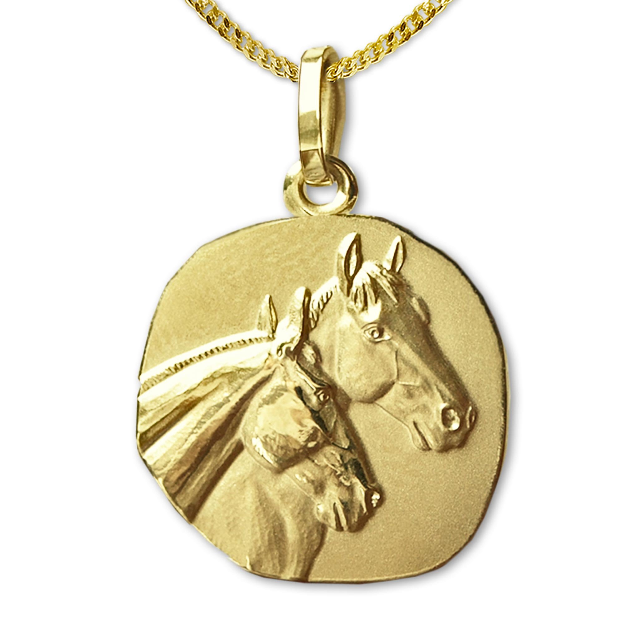 CLEVER SCHMUCK Pferde Halskette Gold als Medaille 22 mm Pferdeköpfe teilmatt + Panzerkette 45 cm STERLING SILBER 925 vergoldet im Etui anthrazit