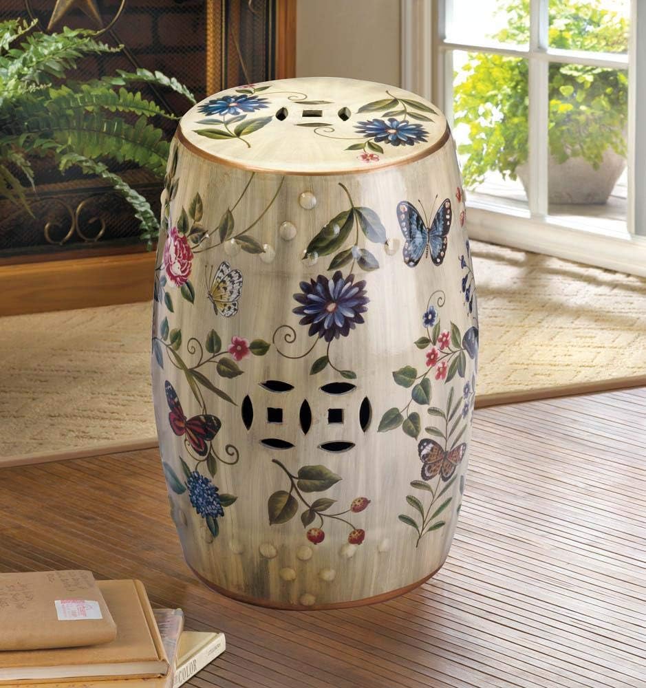 Accent Plus Floral Outdoor Stool Ceramic, Small Butterfly Garden Asian Ceramic Stool : Patio, Lawn & Garden