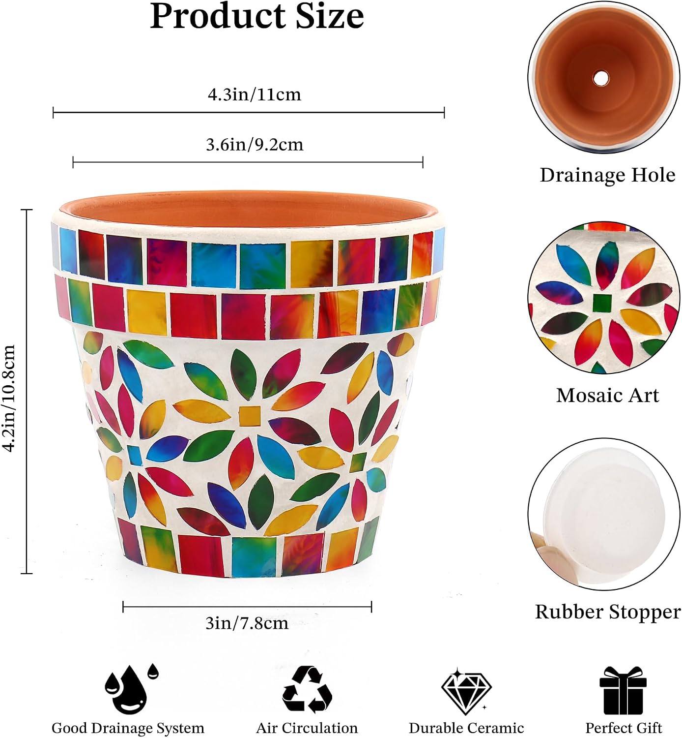 VOREEN Small Terracotta Mosaic Flower Pot with Colorful Floral Mosaic Exterior and Drainage Hole, Decorative Planter for Succulents, Small Flowers and Indoor & Outdoor Use