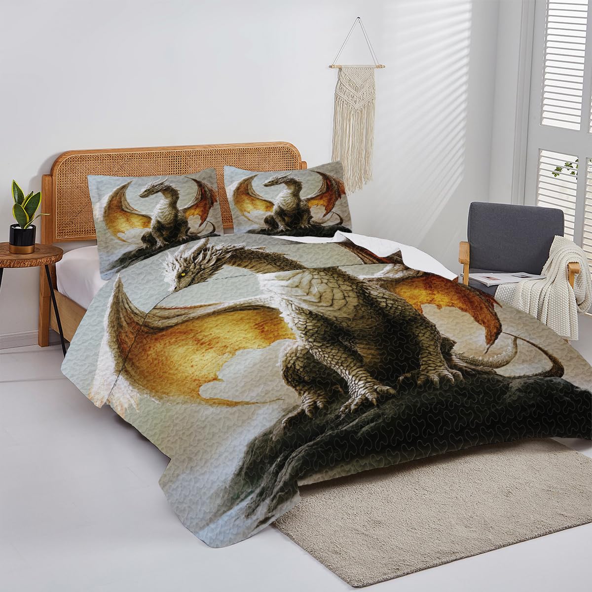 DESTACOZIE Customized Dragon Bedding Twin - Cool Dragon Quilt Gift for Boys - Dragon Quilts Pattern for Bedroom Decor