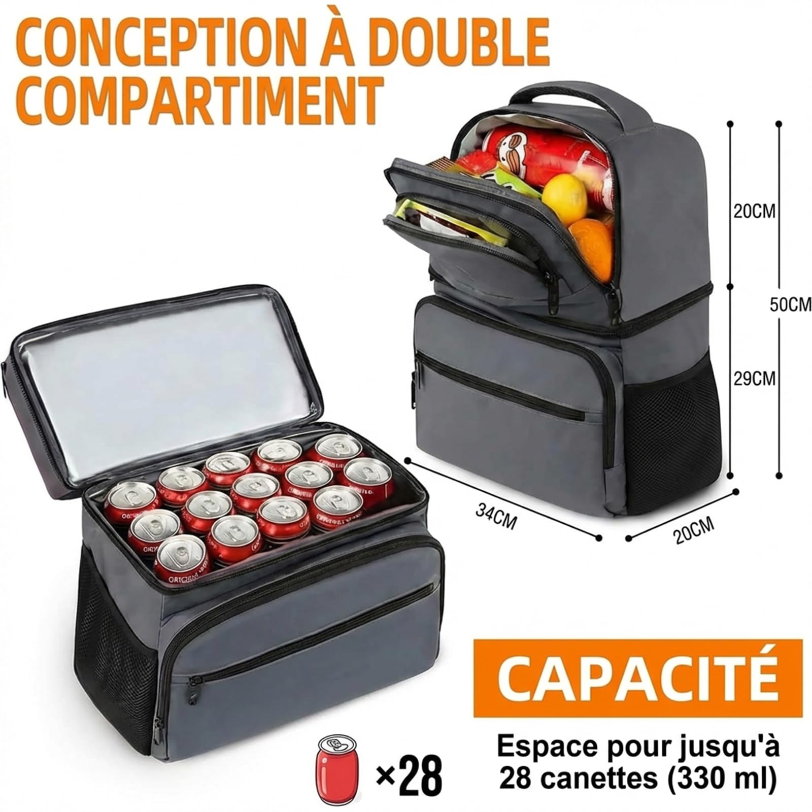MATEIN Sac à Dos Isotherme, Sac Isotherme 34L Grande Capacité avec Compartiment Glacière Souple, Étanche Sac Isotherme Repas Travail Double Couche pour Plage Camping Randonnée, Cadeau Homme, Gris | Sac à déjeuner anti-fuite avec décapsuleur, facile à nett
