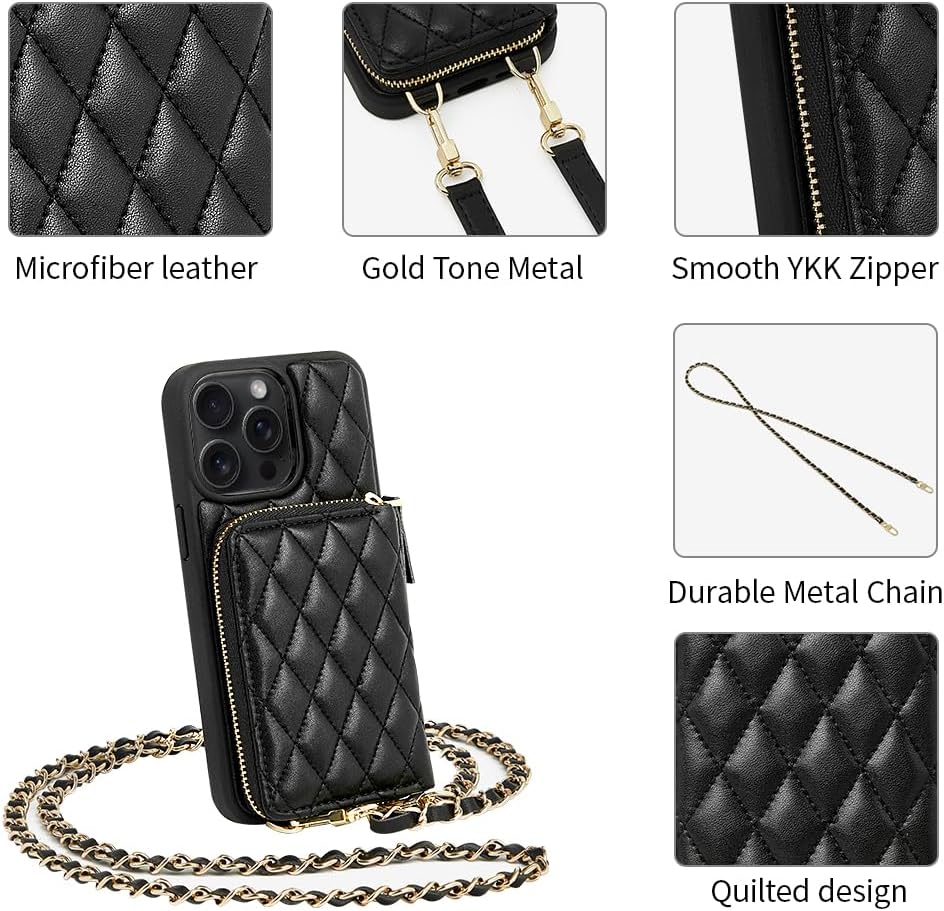 LAMEEKU Compatible with iPhone 13 Pro Max Wallet Case, Crossbody Chain Case Quilted Leather for iPhone 13 Pro Max, 6.7 Inch-Black - Image 7