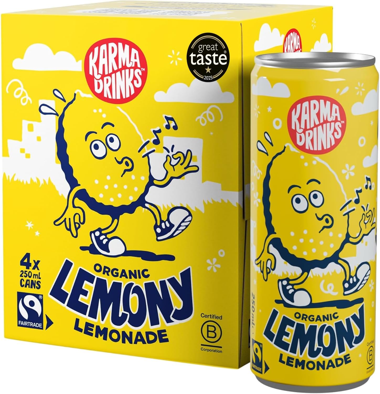 Karma Drinks Lemony Lemonade - 4 x 250ml Cans - Natural Fizzy Soft Drinks, Fairtrade, Organic & Vegan