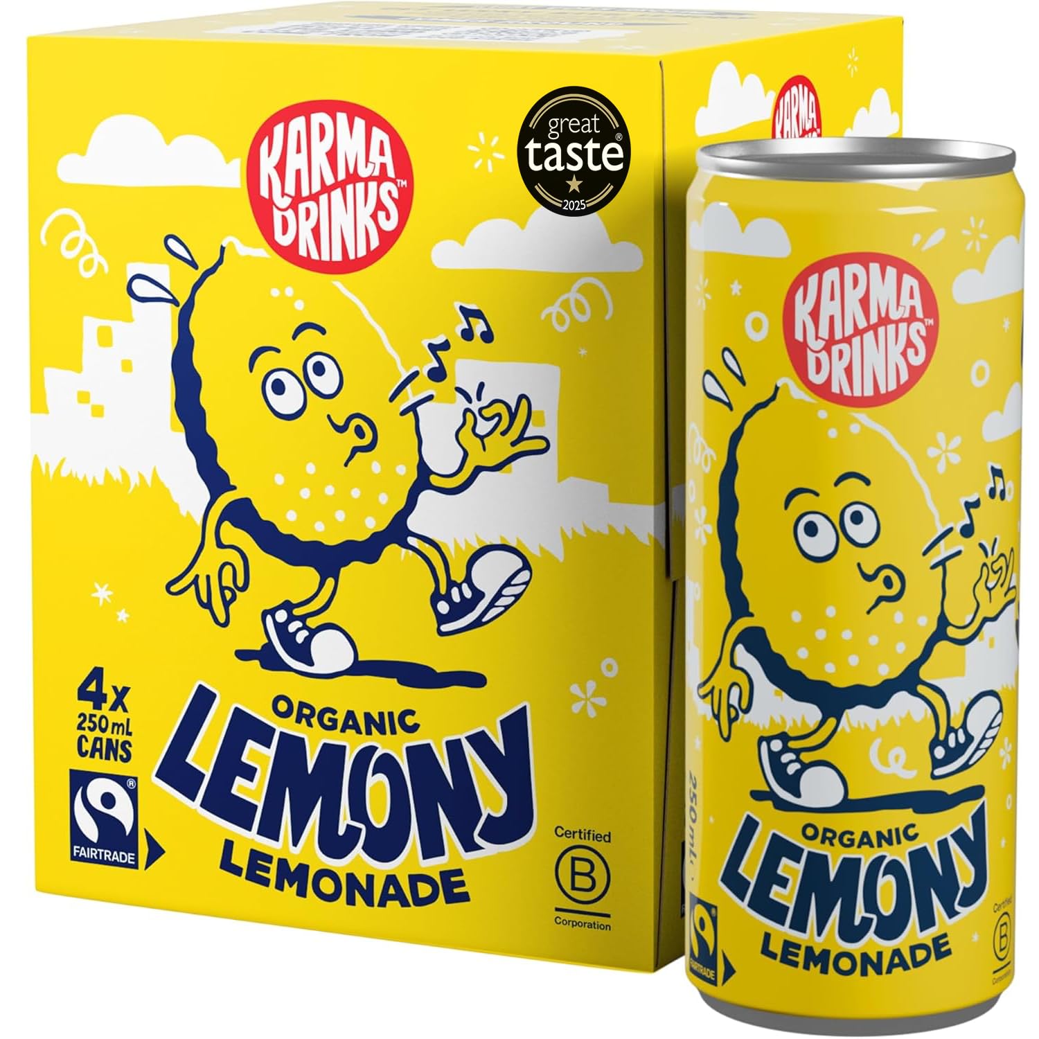 Karma Drinks Lemony Lemonade Flavoured Fizzy Soft Drink, 4 x 250ml Cans