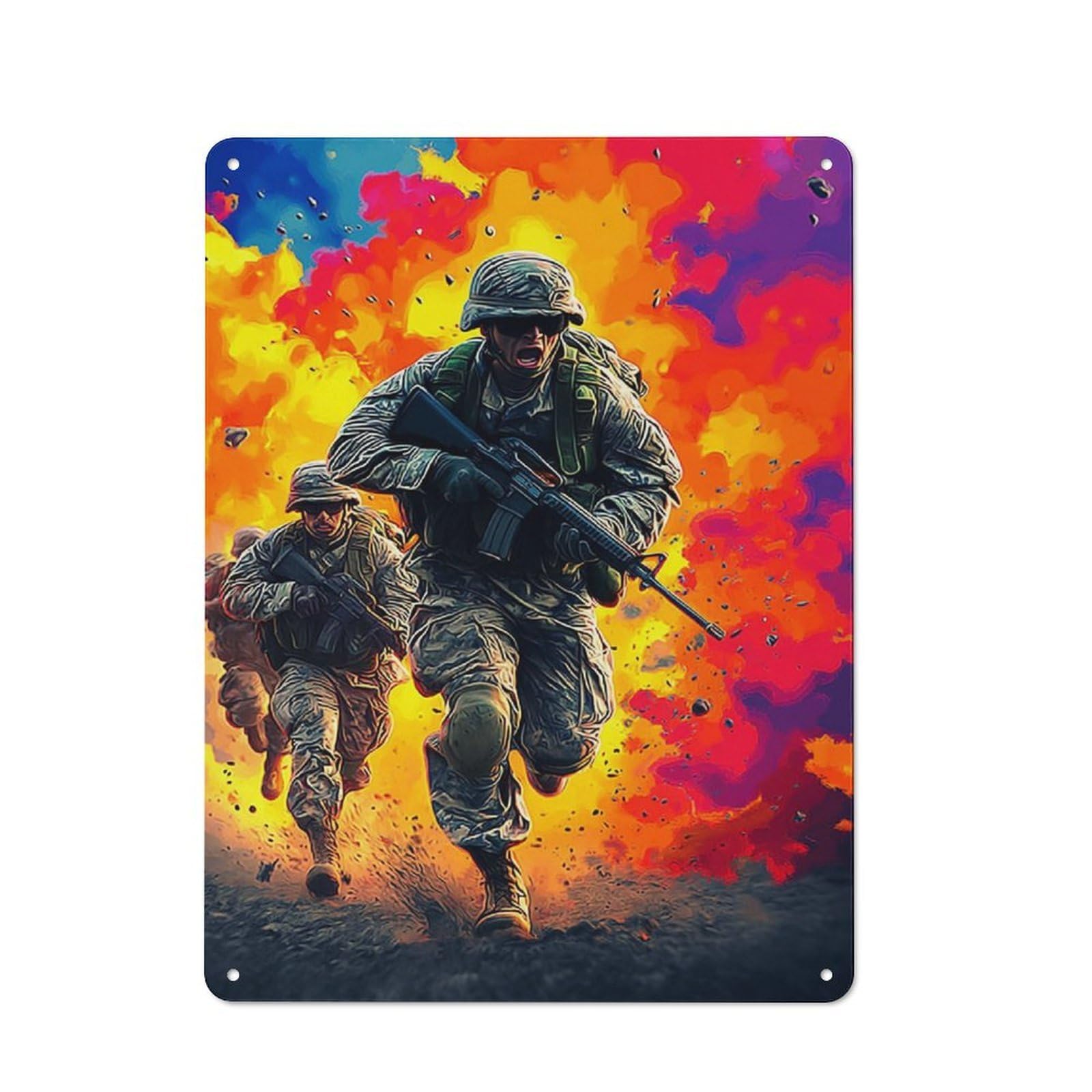 Junmoney Soldiers In Action Amidst Explosions Old Style Metal Wall Decor 40X30cm, Decorative Tin Plaque For Cafe, Pub, Workshop Or Home Bar