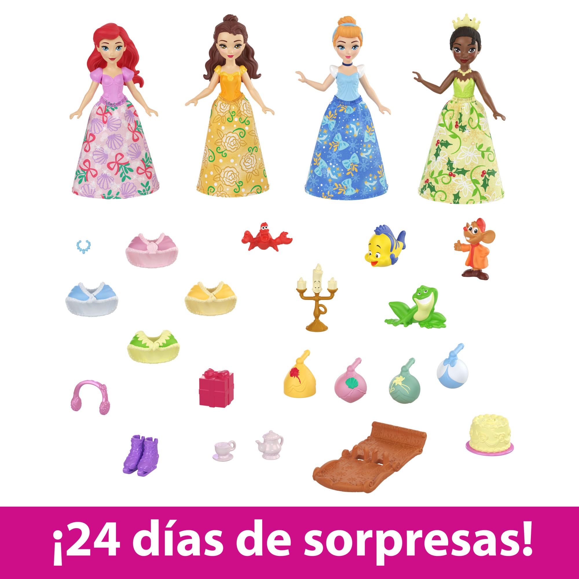 Mattel Disney Princess Calendario de Adviento 4 muñecas princesas con accesorios sorpresa de juguete, regalo de Navidad +3 años (HLX06)