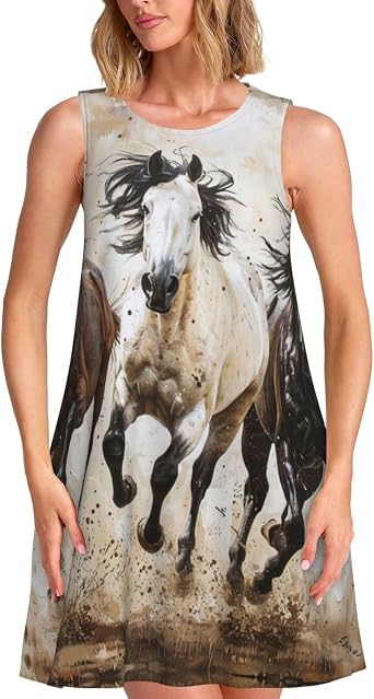 Horses Running Art Print Sleeveless Dresses,Knee-Length Cotton-Like Fabric,for Beach Vacations and Everyday Wear