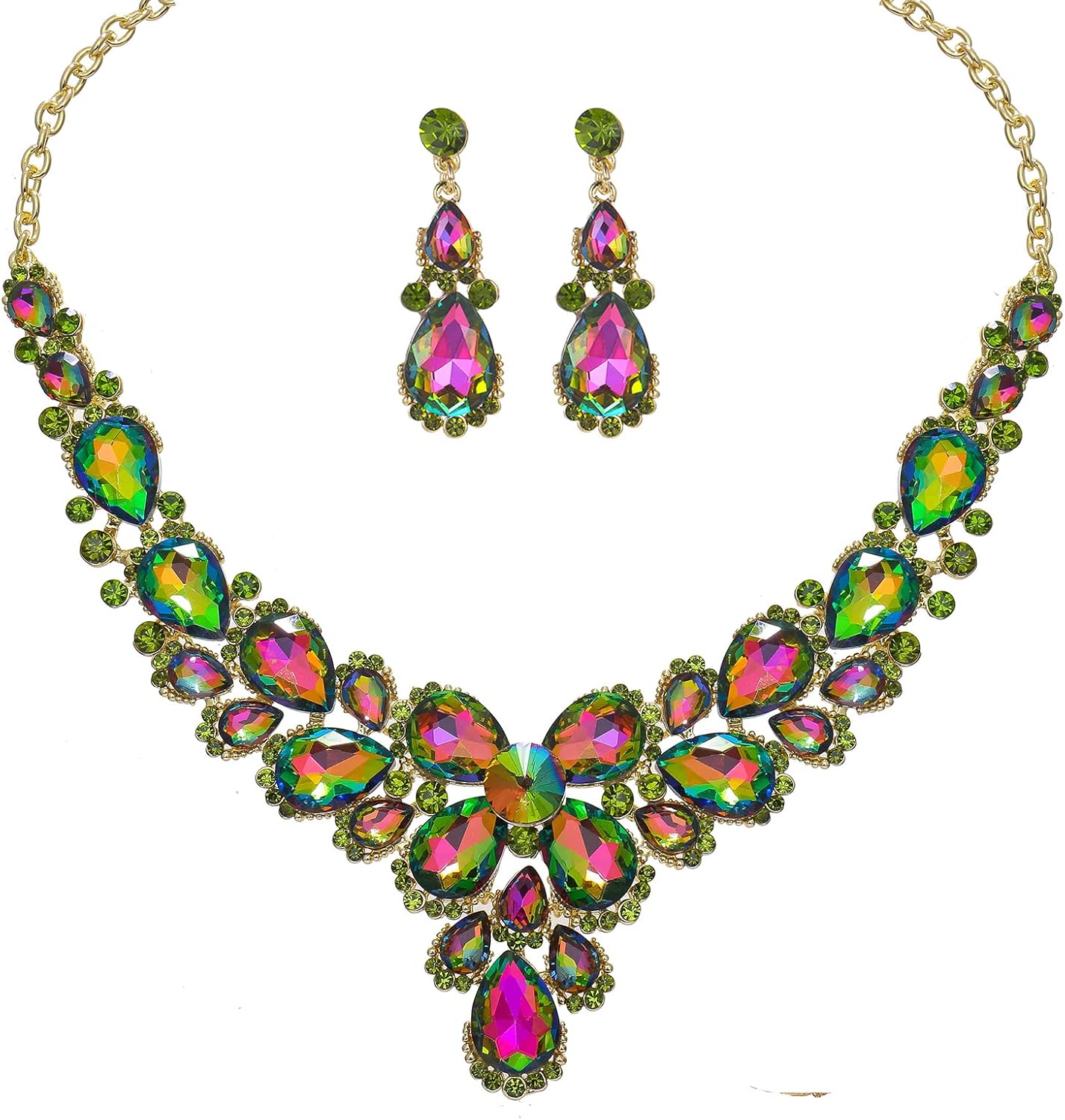 Women’s Wedding Bridal Austrian Crystal Glass Teardrop Costume Statement Necklace Dangle Earrings Wedding Party Prom Jewelry Set for Bridal Bridesmaid