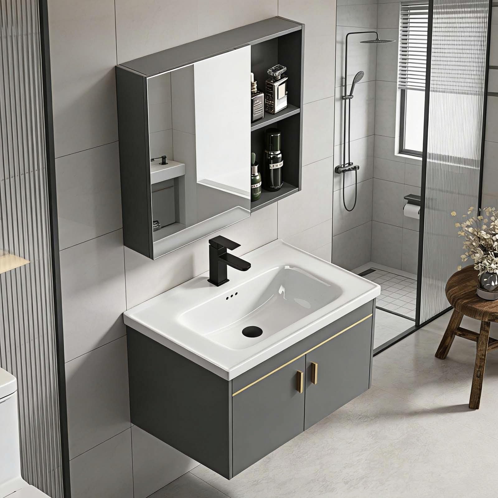 Wandmontierter Spiegelschrank und Waschtischunterschrank,badmöbel Set mit Keramik-waschbecken，Waschtisch mit Unterschrank for kleinen Raum (Badezimmerschrank, 28in)
