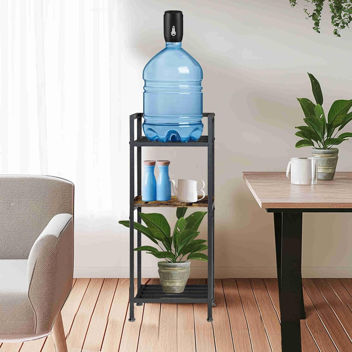 Water Dispenser Stand 5 Gallon Water Jug Holder Black Metal with Wood 3 Tier 32" Water Bottle Stand and Plant Stand for Kitchen Home Office Living Room