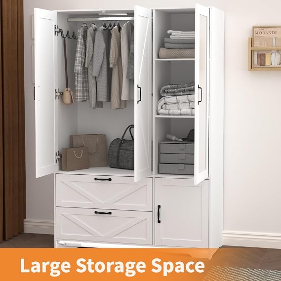 72'' Armoire Wardrobe Closet with Mirror Door & Light, Farmhouse Bedroom Clothes Cabinet with 4 Doorrs + Hanging Rod + 2 Drawers, Wooden Wardrobe Cabinet with Adjustable Shelf for Bedroom