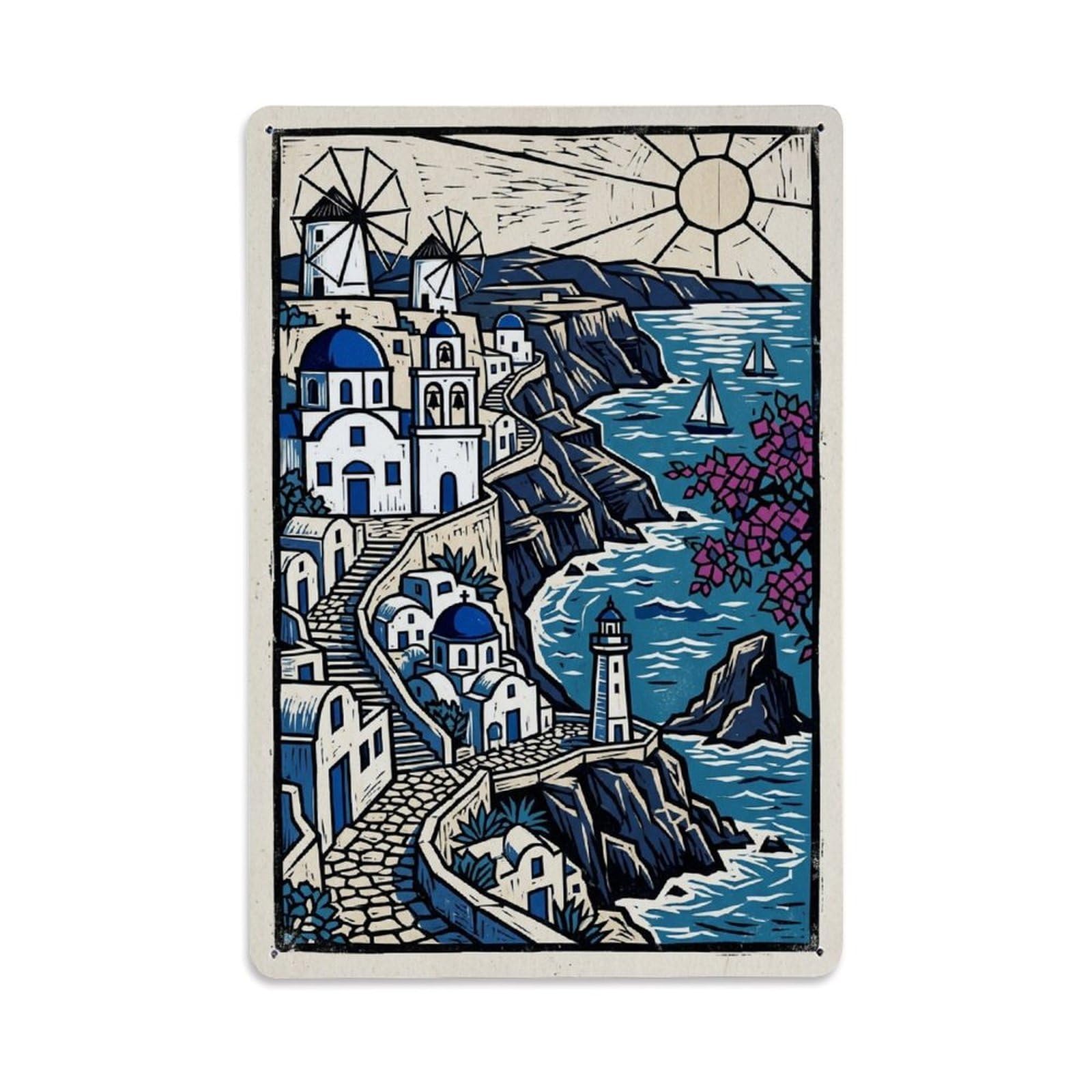 Santorini Aegean Compass Map Cyclades Church Travel Metal Tin Sign Plaque Wall Decor for Cafe, Man Cave, Club Bar, Office, Home Garden Round Metal Poster 8x12Inch