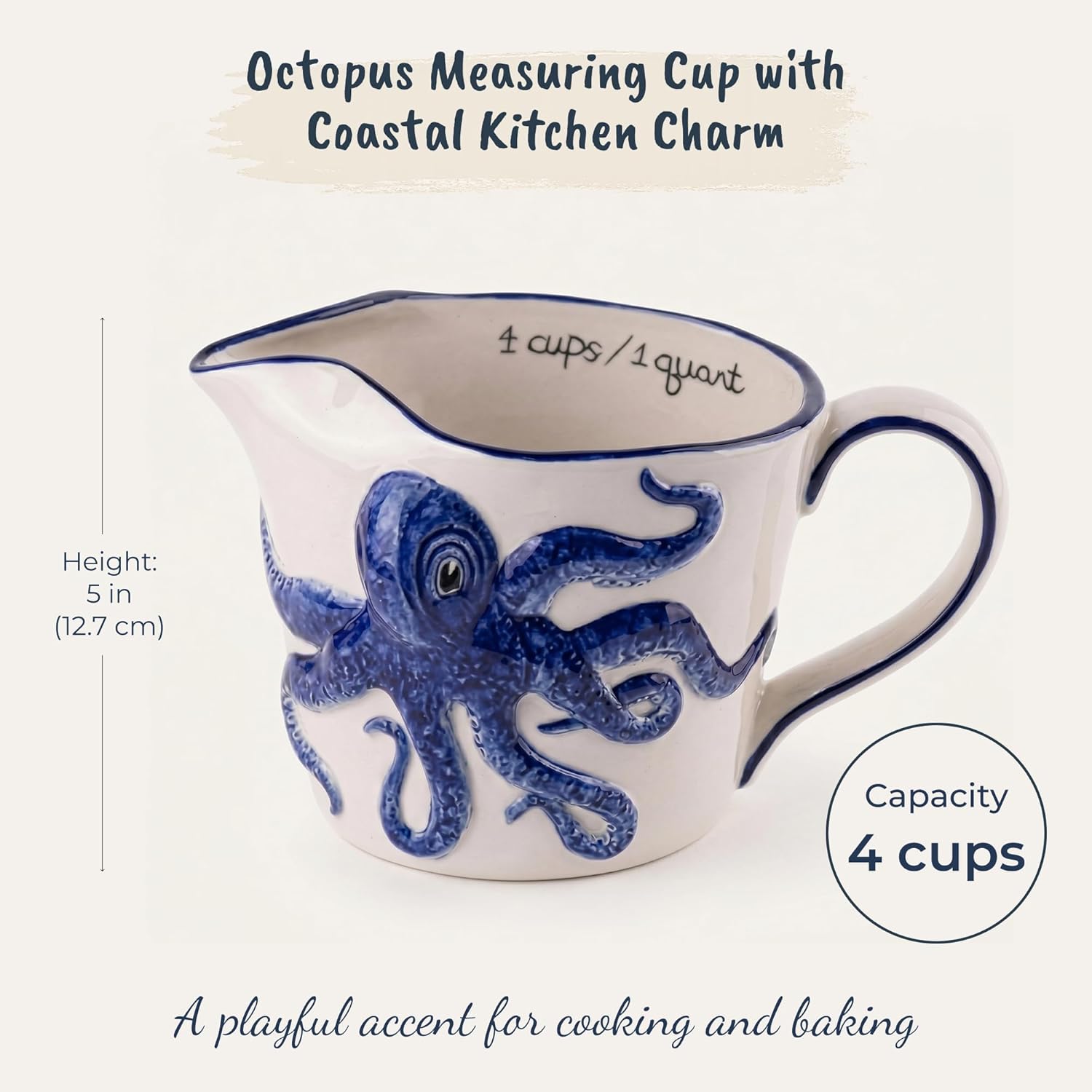 Blue Sky Ceramic 8 x 5.25 x 5" Octopus Measuring Cup, 1 quart