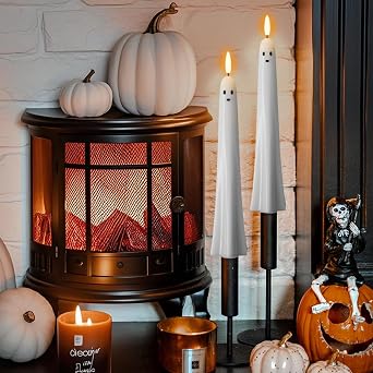 Eldnacele Ghost Halloween Flameless Taper Candles Battery Operated with Remote Timer Set of 2 White LED Flickering Candle Real Wax 3D Wick Long Lasting Spooky Dinner Indoor Decor(0.79 D x 9.5 H)