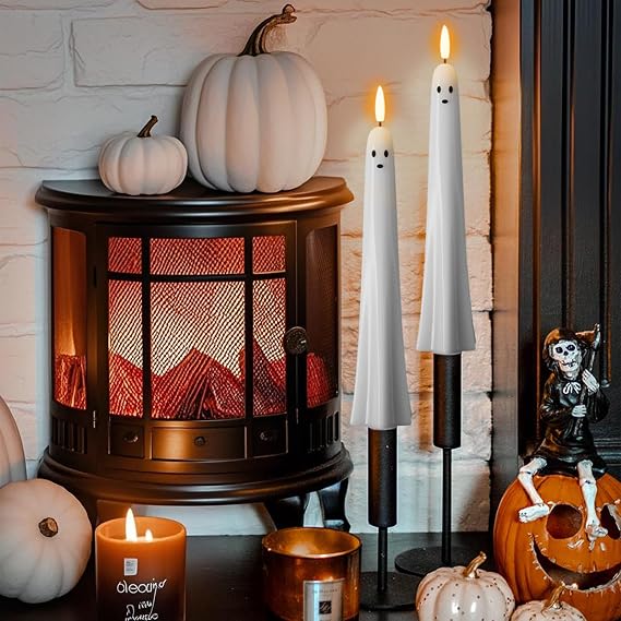 Eldnacele Ghost Halloween Flameless Taper Candles Battery Operated with Remote Timer Set of 2 White LED Flickering Candle Real Wax 3D Wick Long Lasting Spooky Dinner Indoor Decor(0.79 D x 9.5 H)