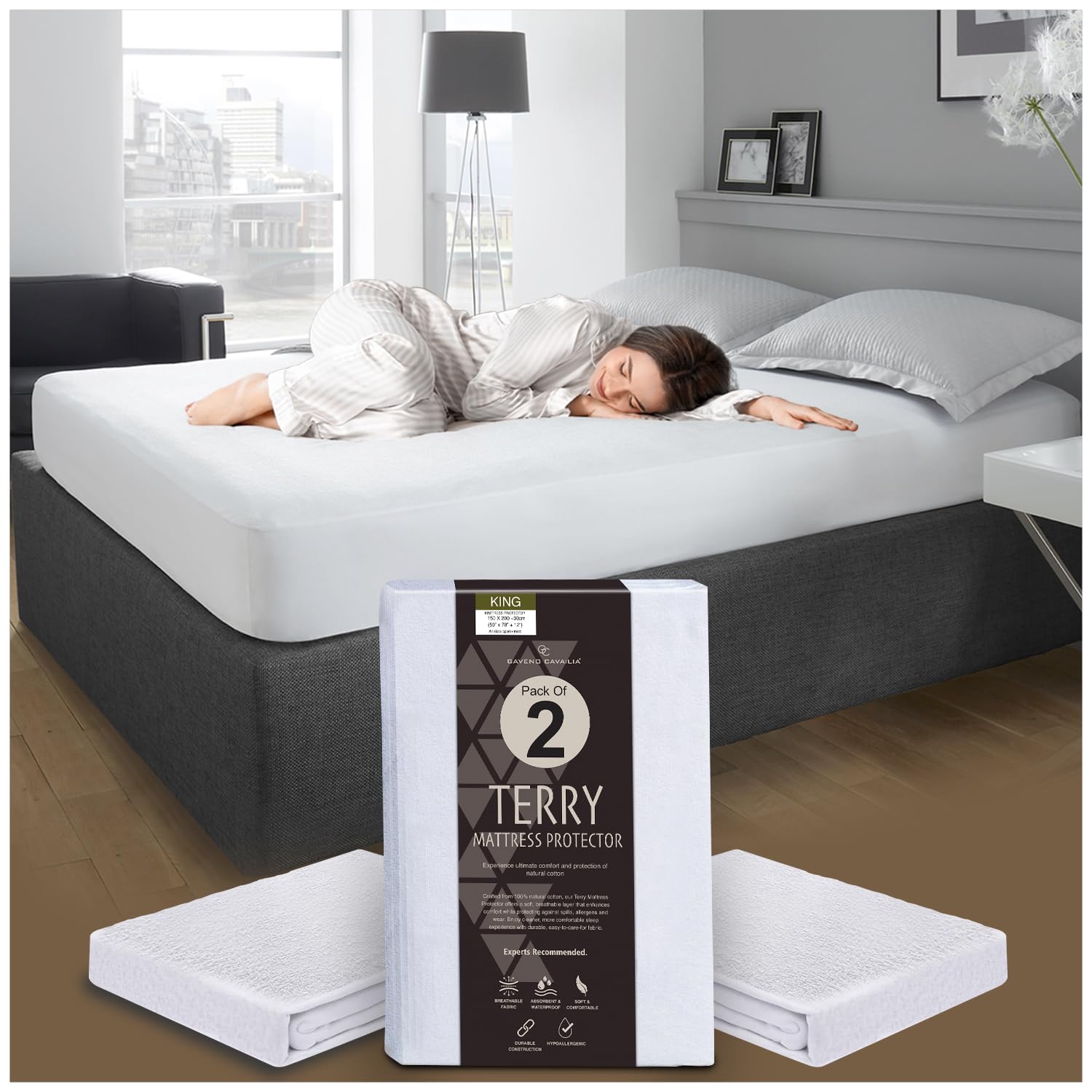 GC GAVENO CAVAILIA Terry Towel Mattress Cover - Pack of 2 - Antibacterial King Size Mattress Protector Fitted Sheet - Polycotton Waterproof Mattress Protector King Size - (200x150 Cm) - White