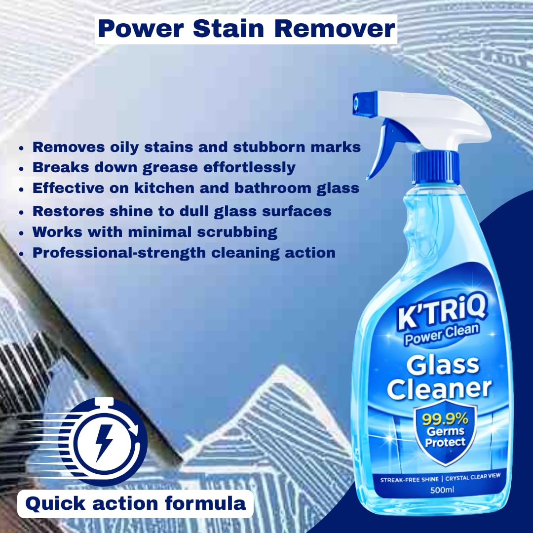 K'TRiQ Glass and Multi-Surface Cleaner Liquid Spray | Pro Glass Cleaner for Car, Kitchen, Home Surfaces, and Household Shine Booster | Disinfectant 500 ml Pack of 1 4
