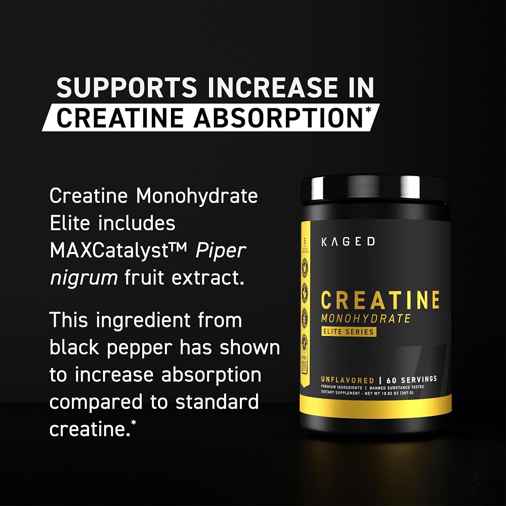 Kaged Creatine Monohydrate Elite Powder | Unflavored | Muscle Building & Recovery | MAXCatalyst for High Absorption | Vegan, Gluten Free, Easily Digestible | Supplements for Men & Women | 60 Servings