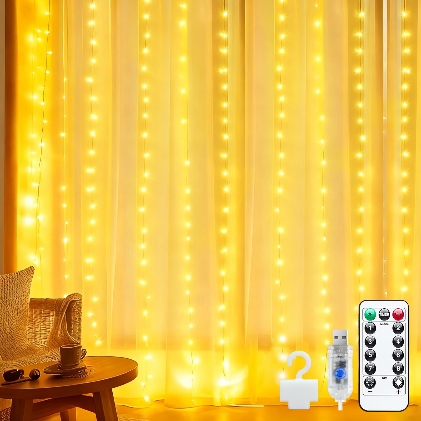 Bzavor LED Lichtervorhang Innen 3x3m,300 LED Lichterketten Vorhang mit Fernbedienung 8 Modi,IP65 Wasserdicht Lichtervorhang Innen Außen Deko für Schlafzimmer Zimmer Party Weihnachten Deko,Warmweiß