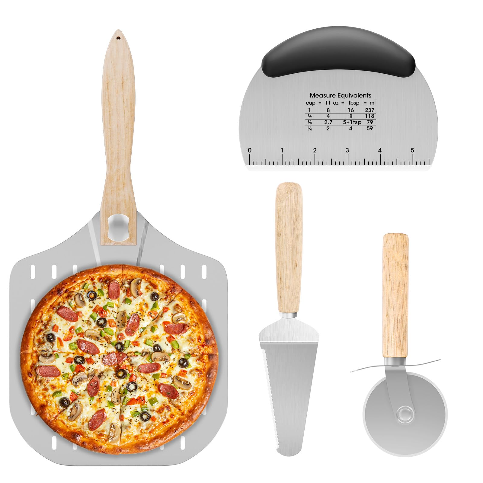 iklestar Kit 4 pièces pour pizza, 30 * 35CM Pelle à Pizza Perforée en Aluminium avec Manche Repliable, Coupe-pâte, Roulette à pizza professionnelle, Pelle à Tarte en Acier Inoxydable