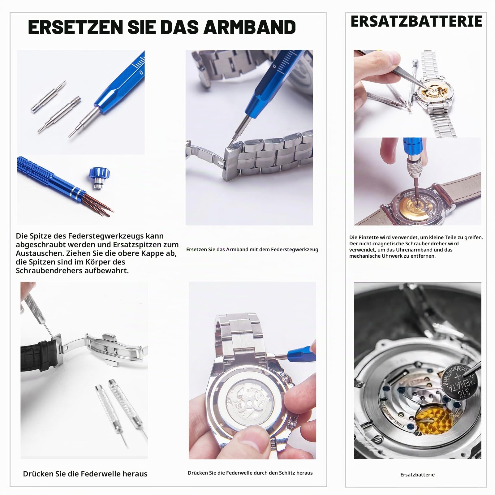 Uhrenreparatur-Set, Uhrenbatterie-Ersatzwerkzeug, Entfernung und Größenanpassung, Uhrengehäuseöffner, Federstegwerkzeuge, Uhrenschlüssel-Rückenentferner, Uhren-Reinigungsset mit Werkzeugtasche