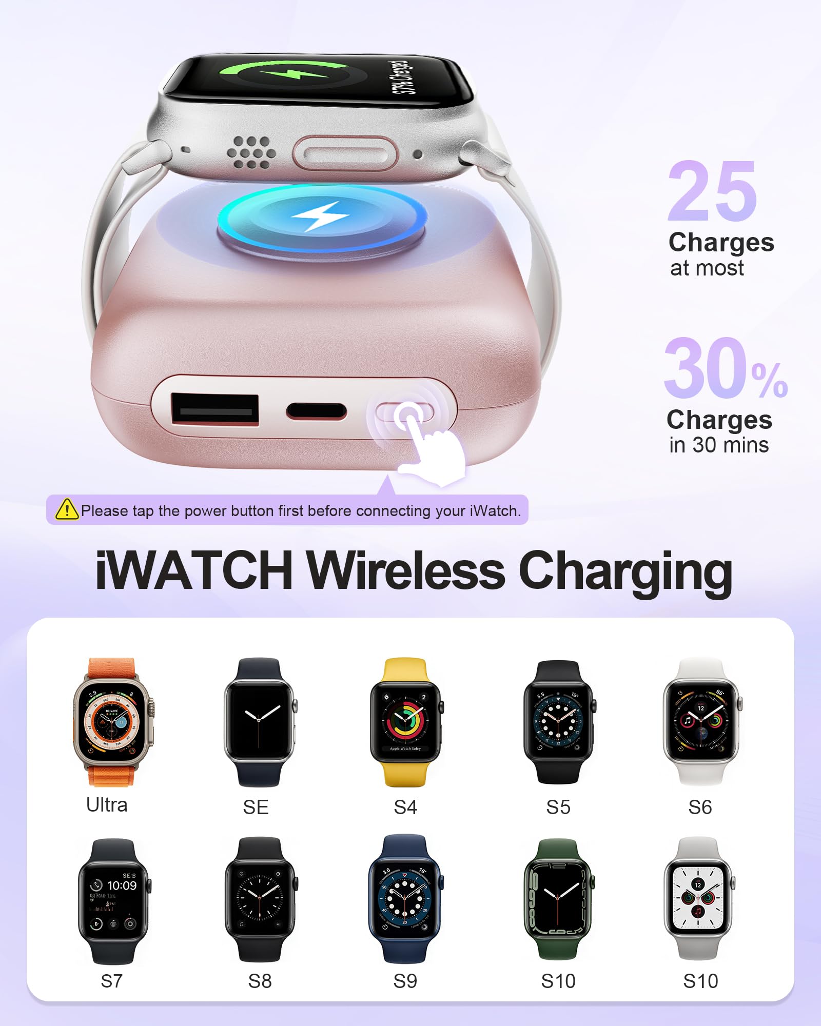 Chargeur portable, 10 000 mAh, 22,5 W maximum, charge rapide avec câbles intégrés, porte-clés de voyage pour iPhone 17/16/15/14/13/12 et iWatch Ultra/11/10/9/8/7/6/5, rose