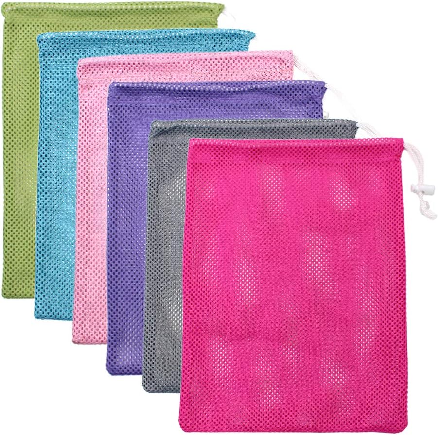 6pcs Mesh Stuff Sack, Durable Nylon Mesh Drawstring Laundry Bag Rinsing Beach Toys, Seashell Collecting, Travel Storage（Random Color）