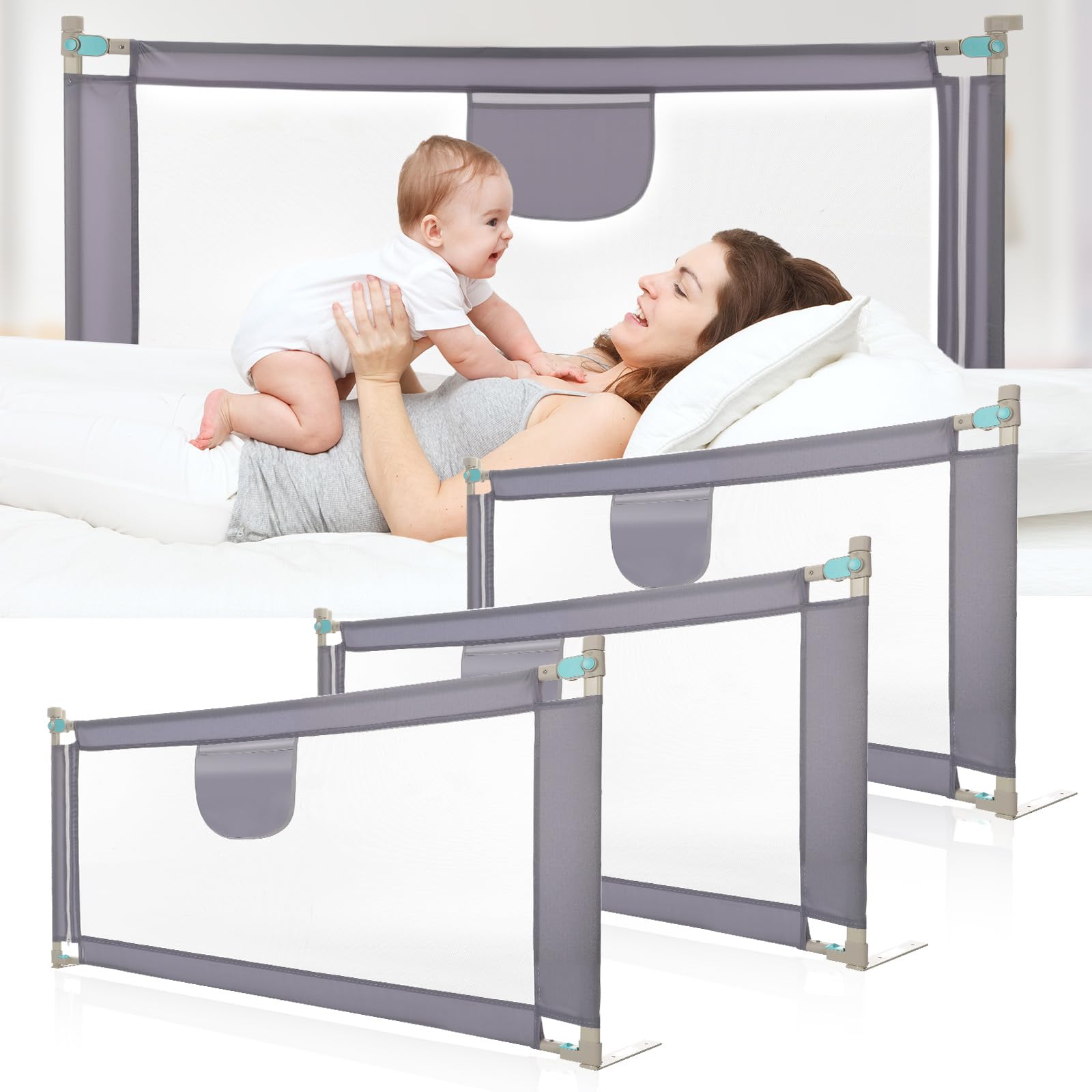 Barrera Seguridad Niños Cama, Barandilla Cama 150/180/200cm, Protección Anticaídas con Malla Transpirable, Barandilla Regulable en Altura 69-98 cm, Pasamanos con Bolsillo Lateral, Apto para Boxspring