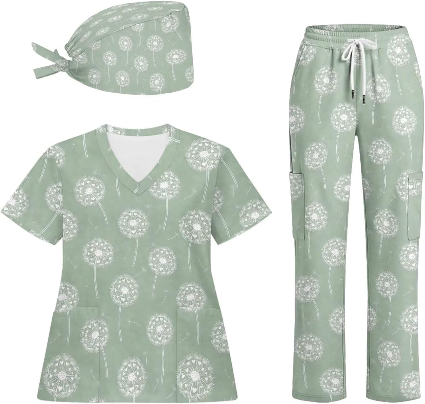 Women's 3Pcs Scrubs Set with Work Cap Print Medical Uniform V Neck Top and Straight Jogger Pants with Six Pockets