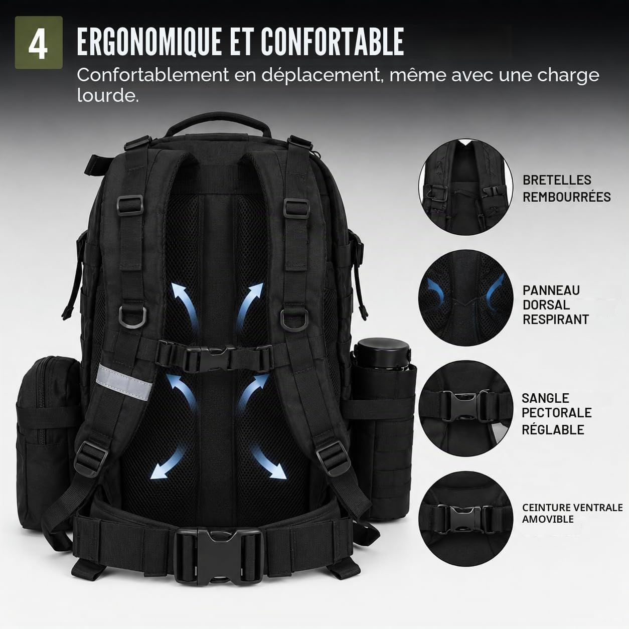 AUMTISC Sac à dos tactique militaire, 35 l, avec 3 poches Molle, protection contre la pluie et porte-bouteille d'eau