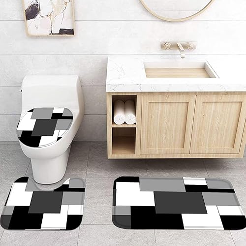 Miniatura 48 de Yizheer Juego de cortinas de ducha geométricas rojas con alfombras antideslizantes, cubierta de tapa de inodoro y tapete de baño, juego