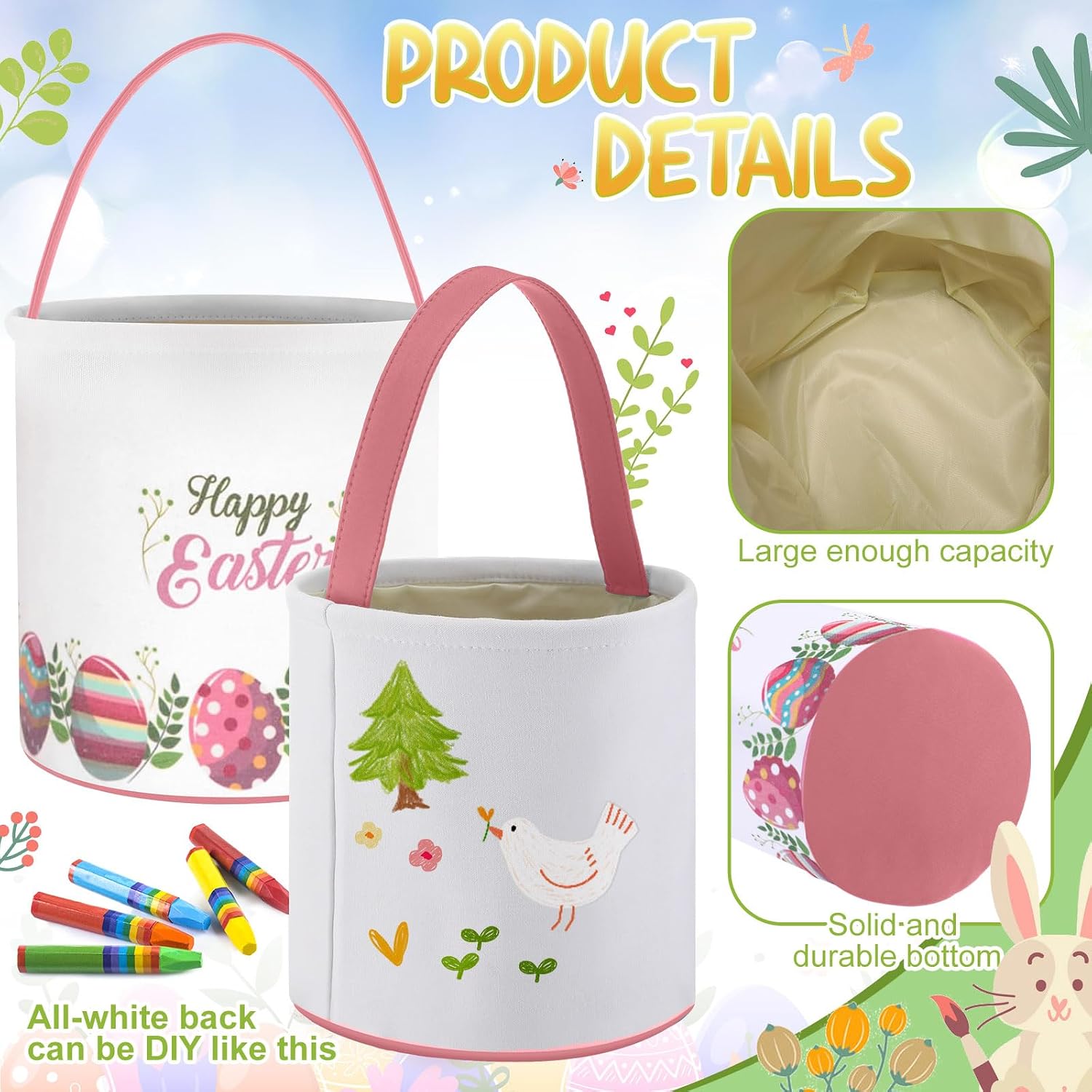 Honeydak 6 PCS Easter Eggs Hunt Basket for Kids Bunny Canvas Rabbit Tote Carry Bucket Bags(Color 8,Colorful Eggs)