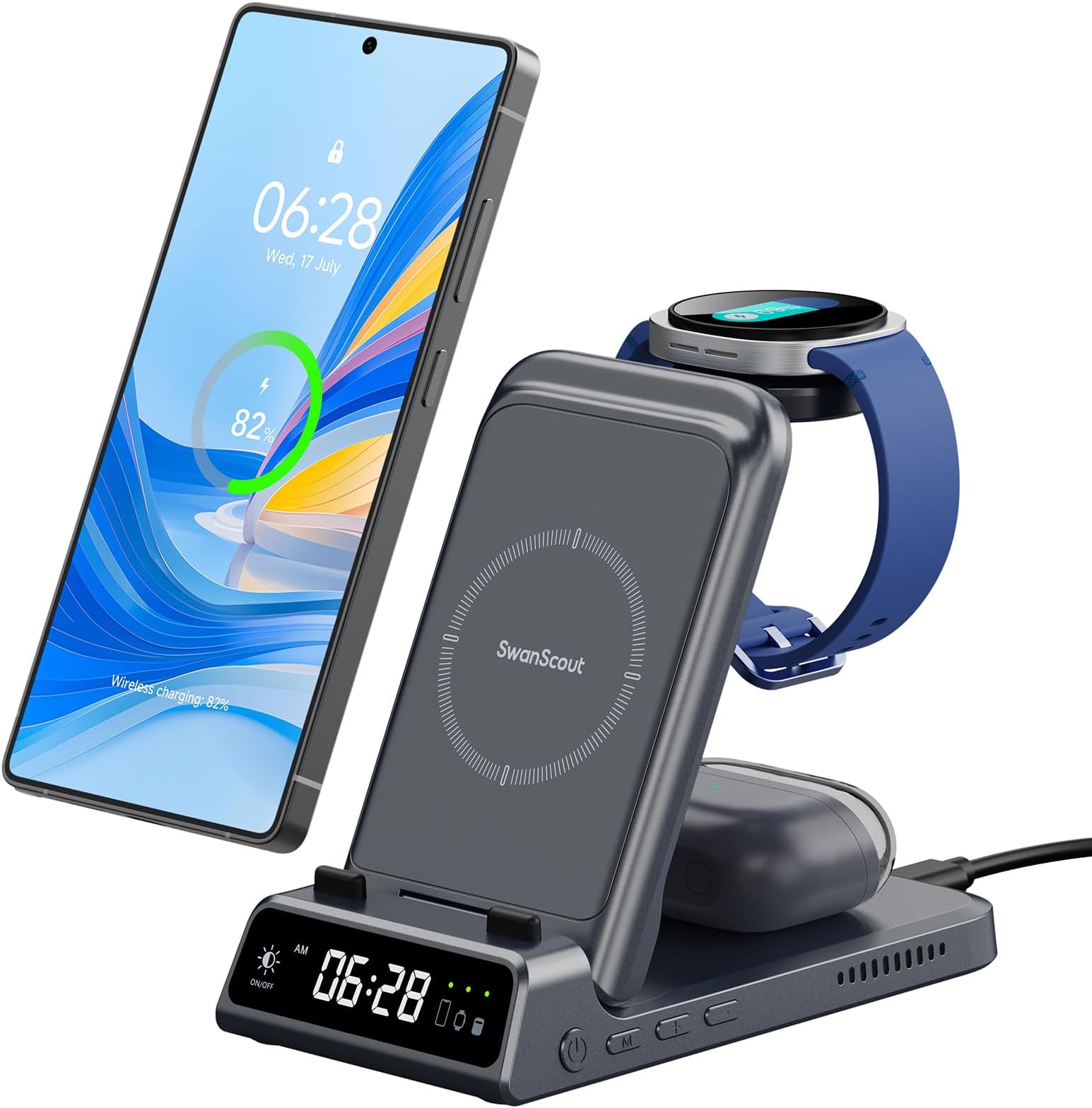 Charging Station for Samsung S25/Watch 8/8 Classic, 3 in 1 Wireless Charger for Samsung S25 Ultra/S25+/S24/S23/Fold 6, Galaxy Watch Ultra 2025/7/6/5/4/3, Galaxy Buds, SwanScout 703S (No Adapter)