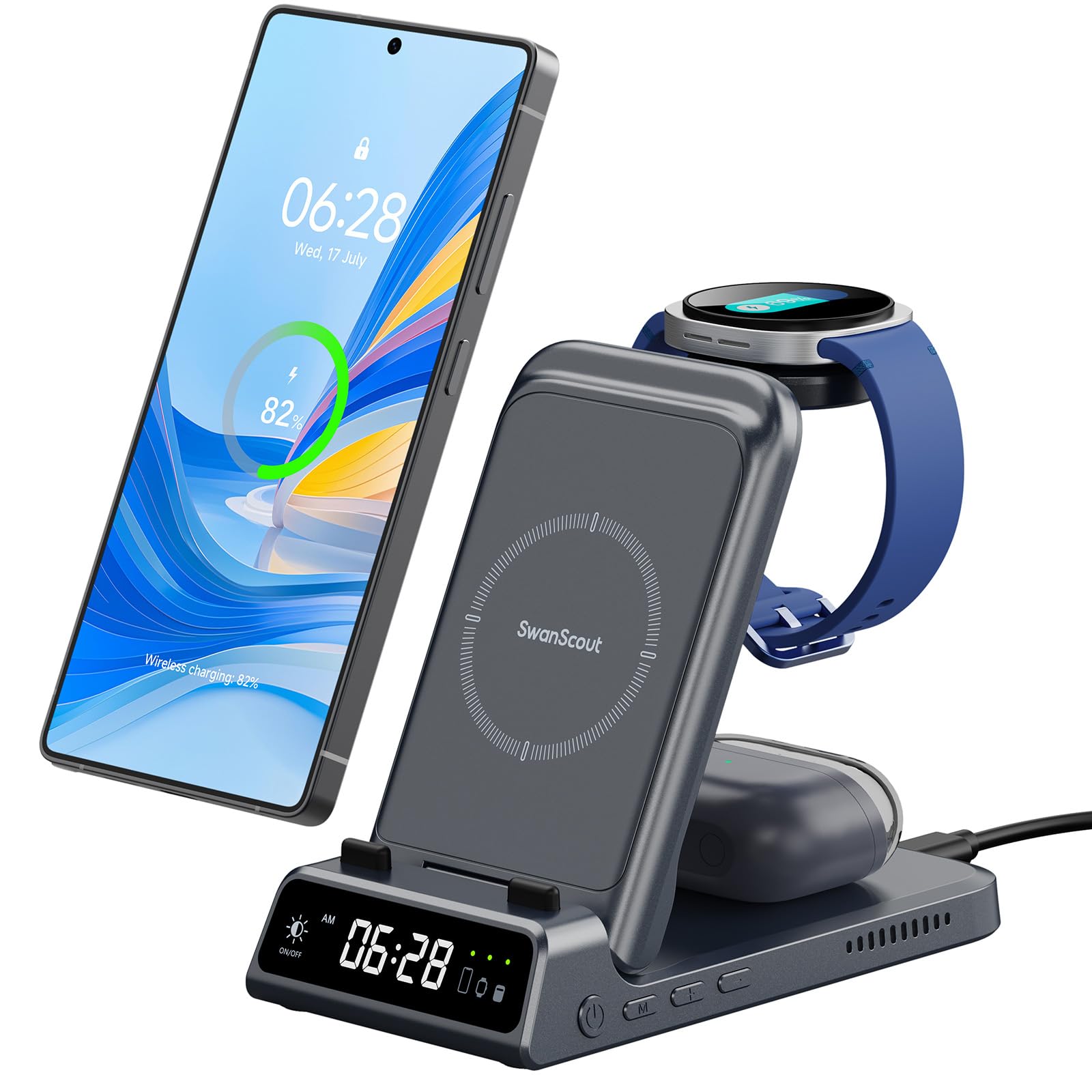 Charging Station for Samsung S25/Watch 8/8 Classic, 3 in 1 Wireless Charger for Samsung S25 Ultra/S25+/S24/S23/Fold 6, Galaxy Watch Ultra 2025/7/6/5/4/3, Galaxy Buds, SwanScout 703S (No Adapter)