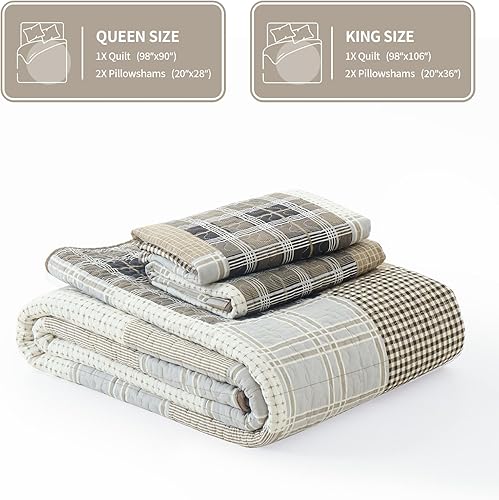 Miniatura 5 de KALOOLA Juego de edredón beige tamaño Queen, juego de ropa de cama de 100% algodón, colcha acolchada reversible de granja con 2 fundas de almohada,