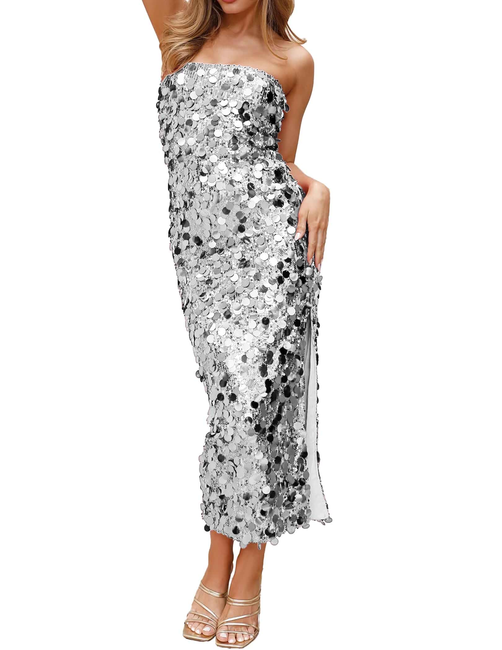 YYA Women's Midi Strapless Dress Sequin Strappy Bodycon Party Dress Sparkly Glitter Ruched Party Club Dress,S-XL