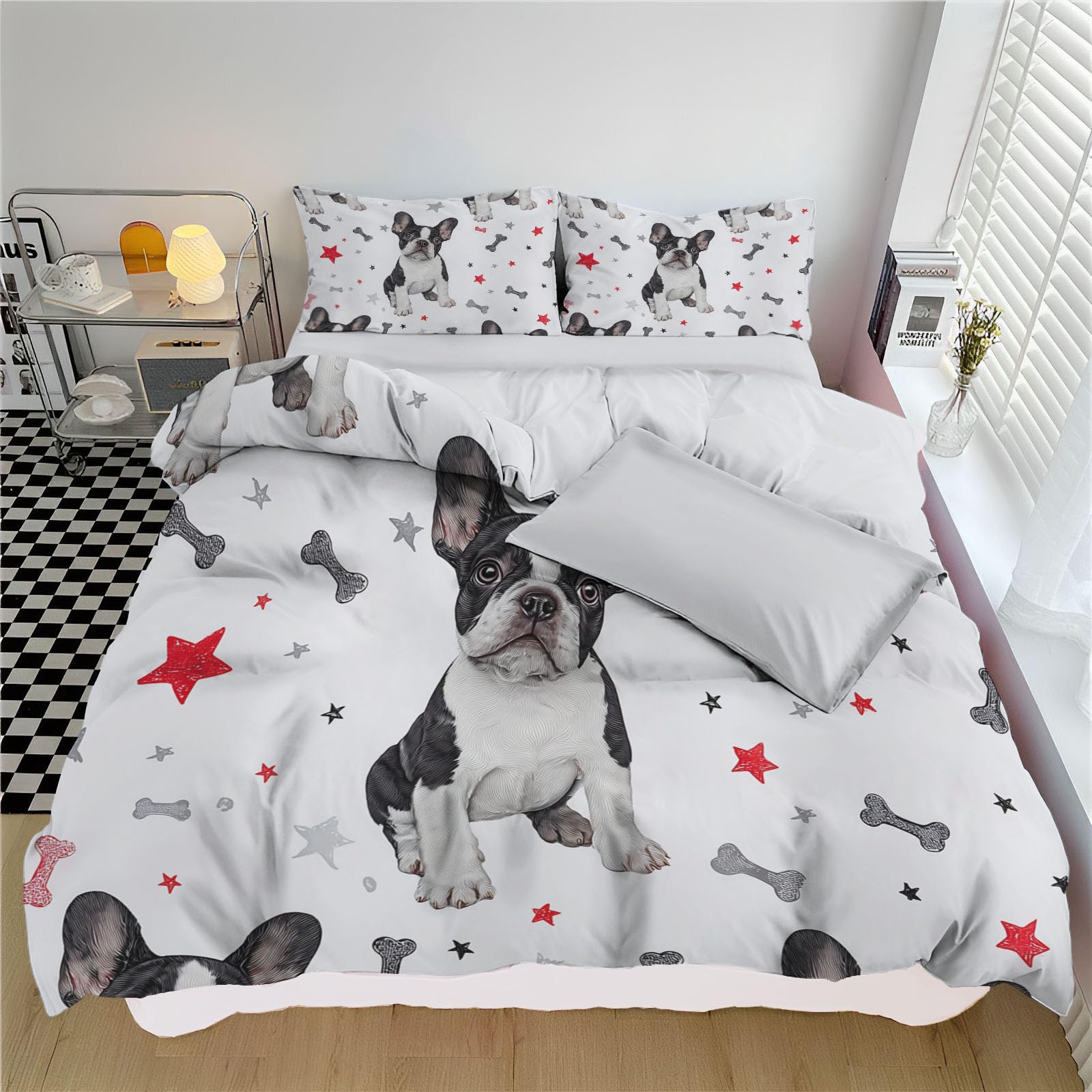 Housse de couette 200x200 bouledogue parure de lit 3 pièces enfant adulte