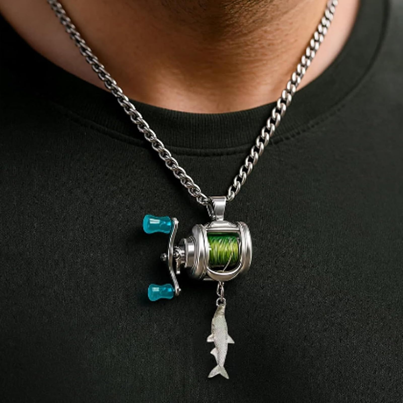 Générique Mini collier de moulinet de pêche, ensemble de bijoux de moulinet de pêche, pendentif de bras à bascule de moulinet, pendentif de moulinet et anneau de bras à bascule rotatif