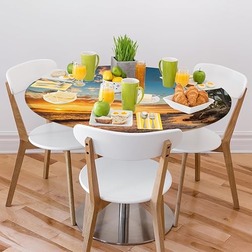 Vista 130 de cfpolar Mantel redondo ajustable de verano, hojas de palma tropical, borde elástico, mantel redondo lavable para uso en interiores y exteriores, se