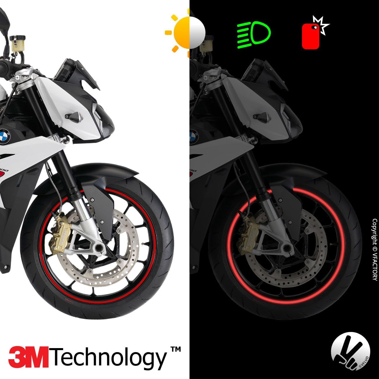 VFLUO - Motorcycle Reflective Wheel Stripes kit, 1 Wheel Rim Stickers Pack, 3M Technology™ - High lateral Visibility, Discreet and Design, Easy Installation