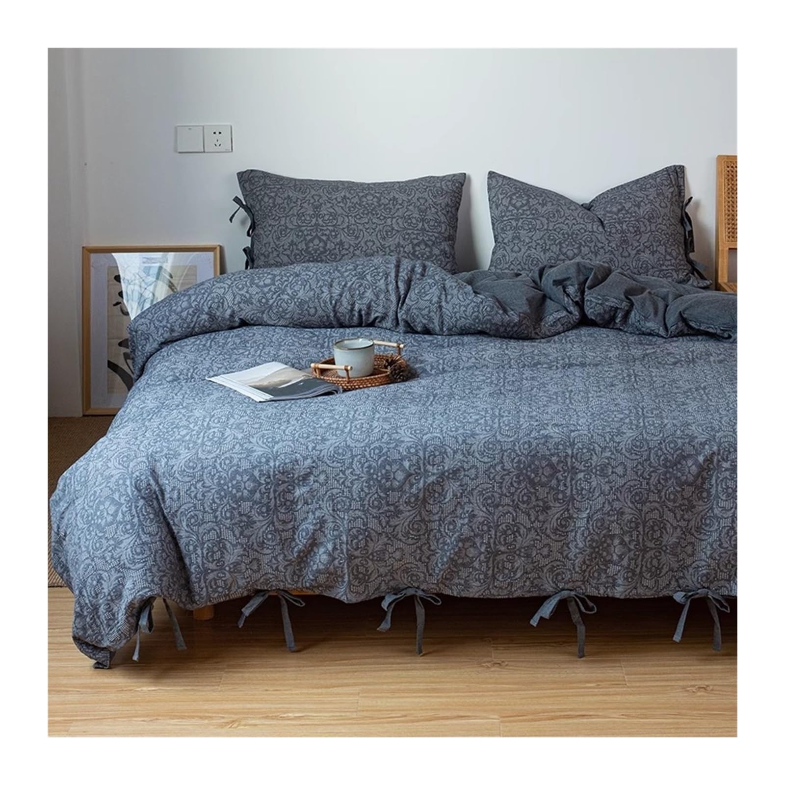 Housse de couette à nouer en coton doux : parure de lit gris foncé 4 pièces