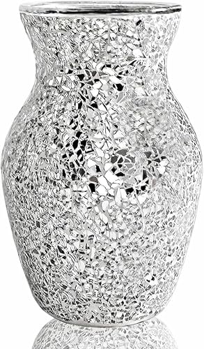 Crystal Mosaic Vase, Silver Crackle Glass Vase | Shiny Modern Handmade Flower Vase, Dining Table Centerpiece Decor,Perfect for Office Living Room Bookshelves Wedding Gift