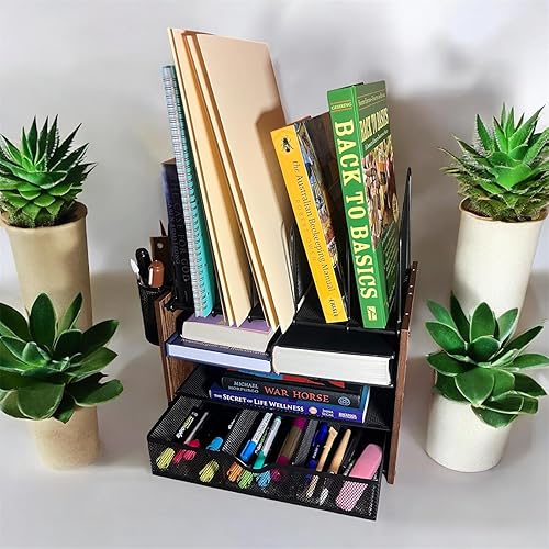 Miniatura 3 de Organizador de escritorio de malla de 4 niveles con soportes de archivos de madera, 5 ranuras verticales, 2 compartimentos para bolígrafos y un