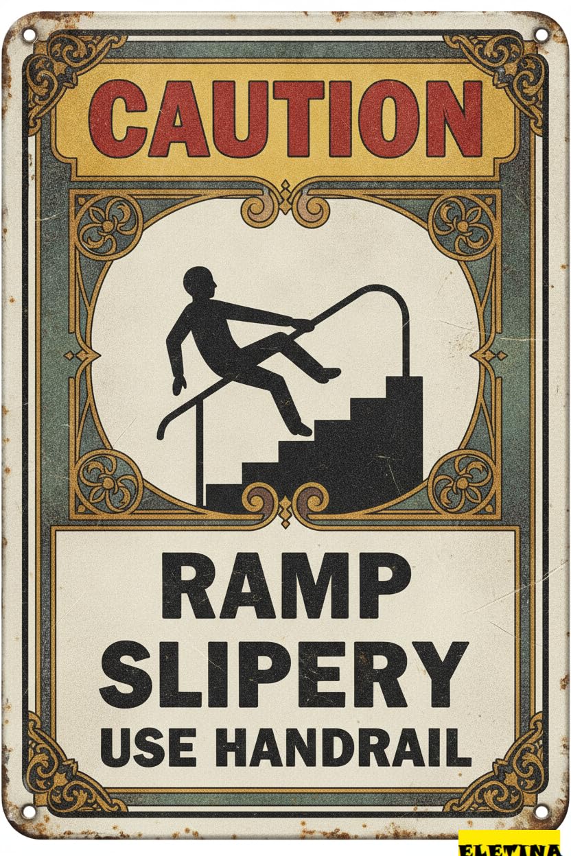 Slippery Use Handrail Caution Tin Sign, 8x12 Inch Decor