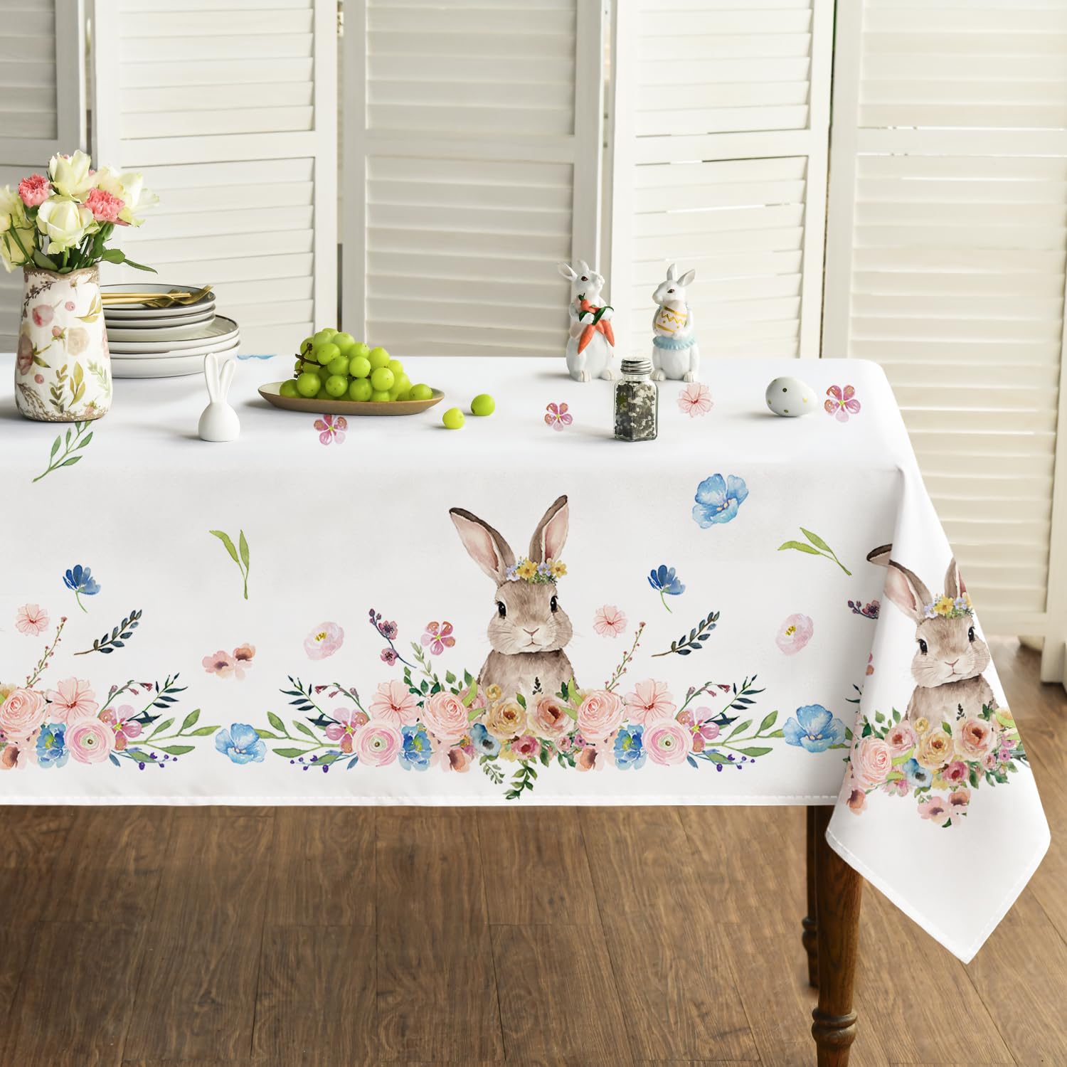 Artoid Mode Hase Blumen Blätter Ostern Tischdecke 140x160 cm, Saisonnal Frühling Fleckschutz Tischwäsche Küche Dekoration Party Dekor