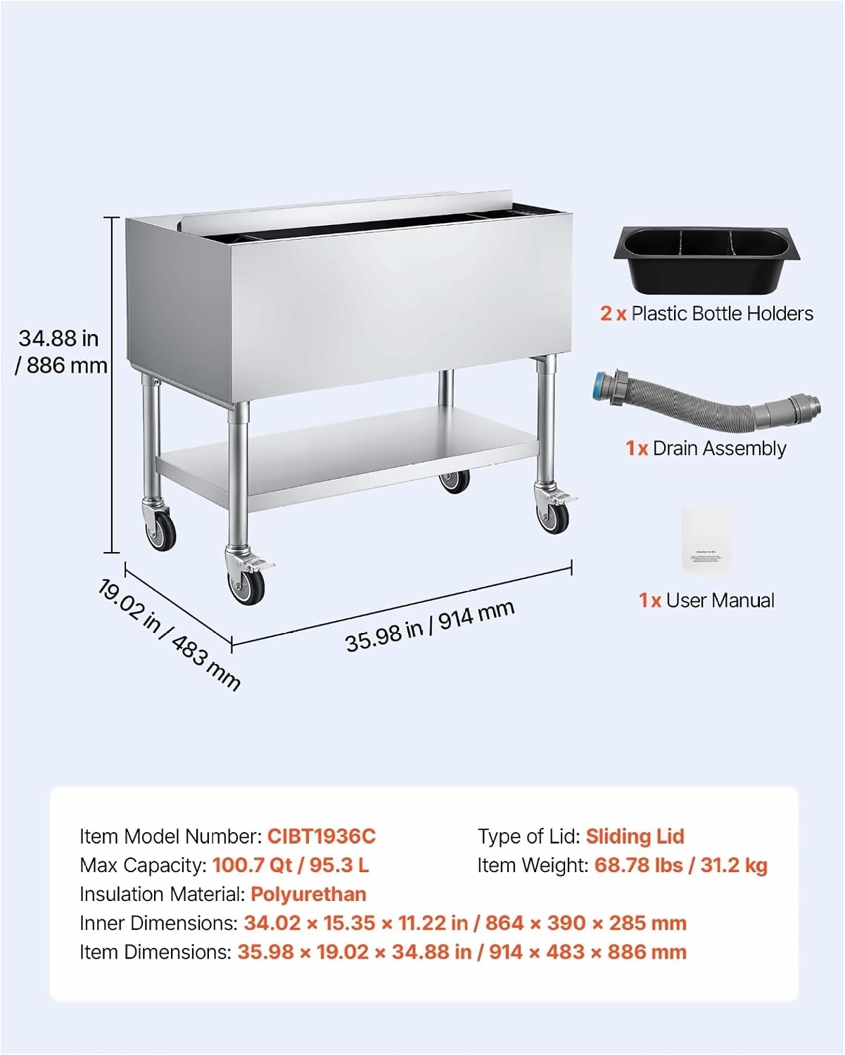 Stainless Steel Ice Bin 100.7 Qt - Underbar Cooler with Sliding Lid